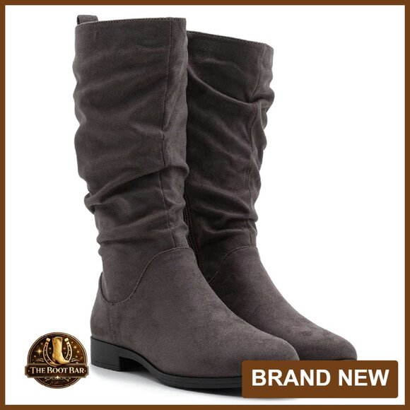 Women's Mid Calf Suede Slouch Boots Flat Heel Wide Calf Side Zipper